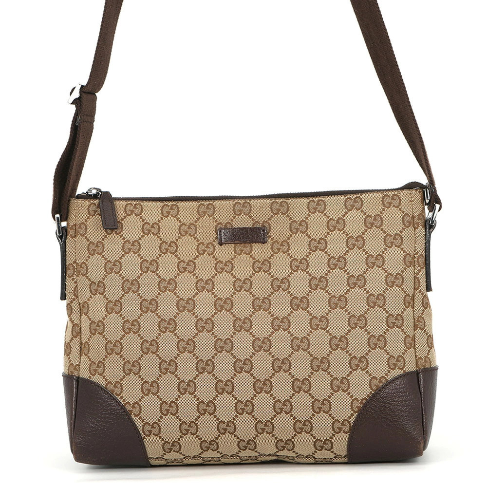 Gucci GG canvas zip messenger crossbody bag brown leather web